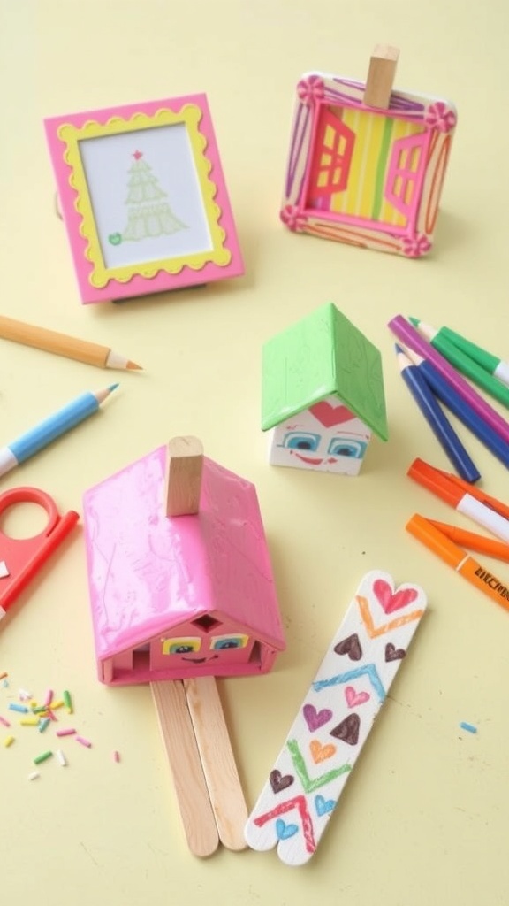 Colorful ice cream stick crafts including a picture frame, house, and bookmark on a craft table.